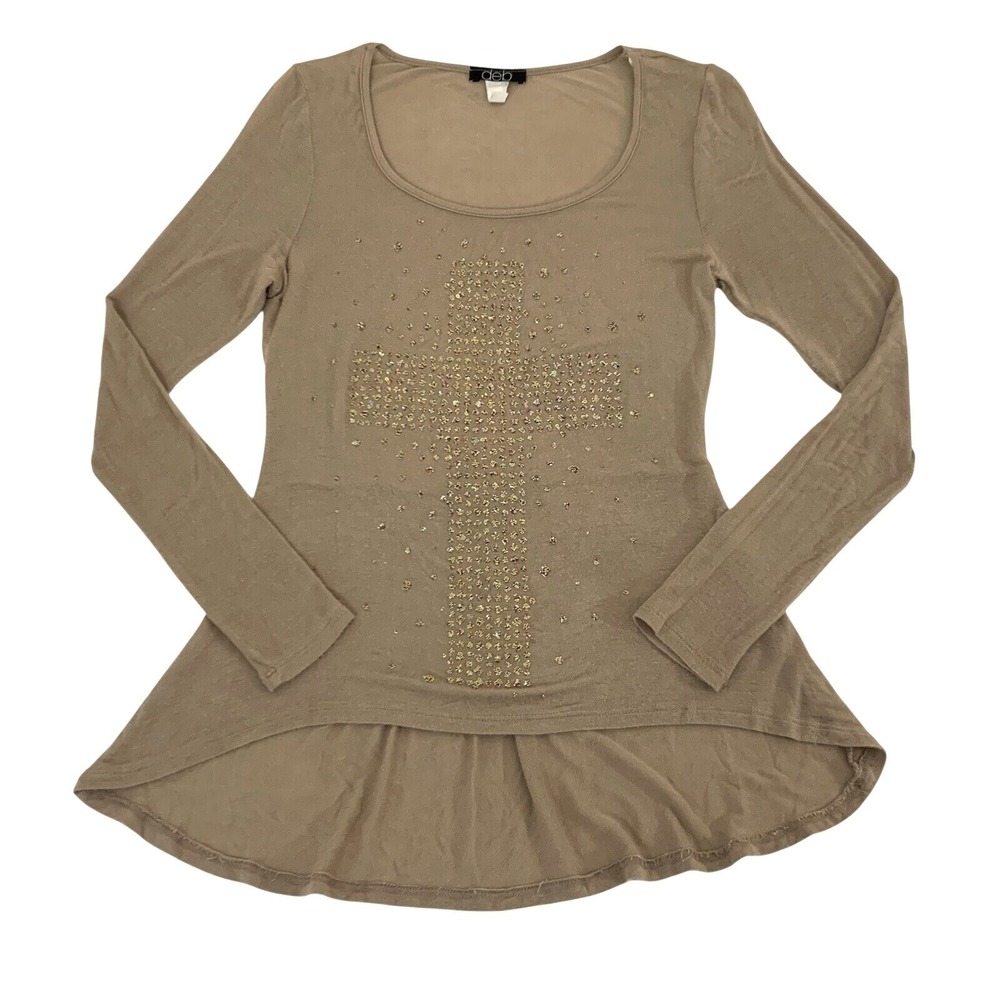 Y2K Deb Cross Top Women S Tan Brown Cross High Low Beaded McBling Sparkle Rock